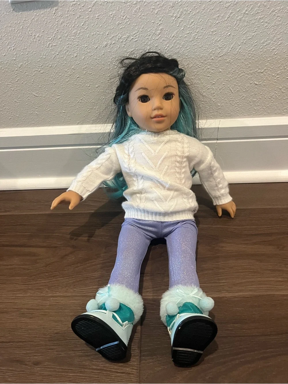 American Girl Corrine Doll with Teal Boots and Teal Backpack and pet dog